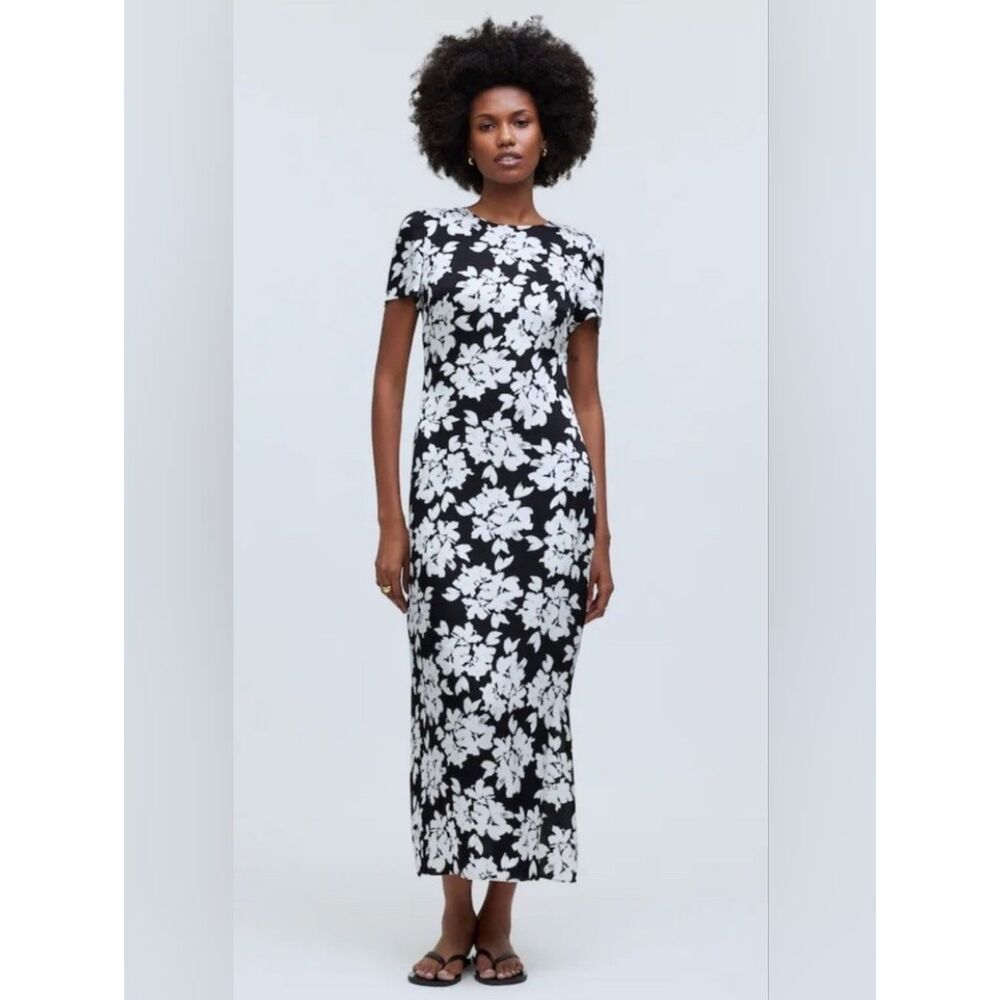Madewell Hammered Satin Black & White Floral Maxi Dress